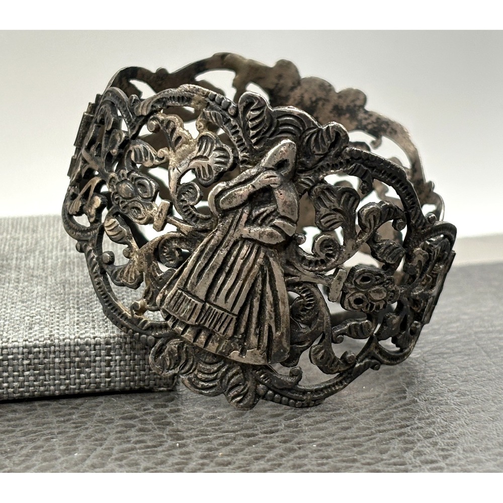 Vintage Peru Sterling Silver Storyteller Filigree Lady Man 7" Cuff Bracelet READ